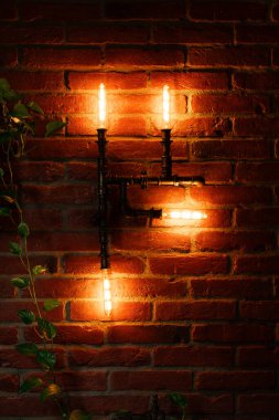 yaratıcı dekor sıcak elektrik ampul ışık konforlu iç bağlayıcı dekor asılı nesne tuğla duvar arka planı bitki yaprağı dikey duvar kağıdı desenli