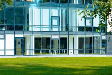 Modern ofis dış cam duvar ve pencereler yazın parlak gündüz görüşü arka plan ve yeşil yeşillik doğa ön plan çerçeve