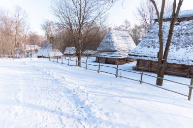 Beyaz karlı kış köyü Aralık manzarası sakin soğuk sabah manzarası