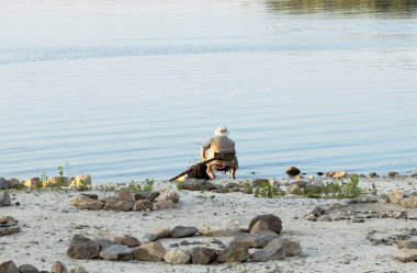 Balıkçı yaşam tarzı hobi aktivitesi yapan kişi nehir kıyısı sahil şeridi su arka planında kameraya geri döndü