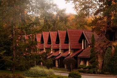 Avrupa köyünün kırsal kesimindeki kır evi manzaralı dış mekan dekore edilmiş arazi ormanlık alanı Eylül sonbahar estetiği dramatik ışıklandırmayla