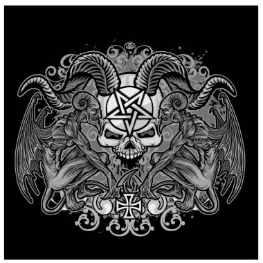 Kafatası ve tacı olan gotik tabela, grunge vintage tasarım tişörtü