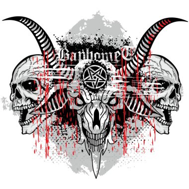 Kafatası ve boynuz izleri kollar, grunge vintage tasarım tişörtler.