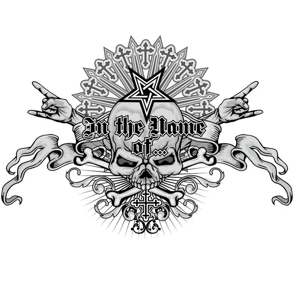Lebka Znamení Rohů Paže Grunge Vintage Design Trička — Stockový vektor