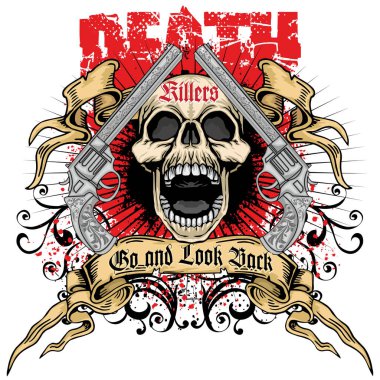 Kafatası tabancalı gotik tabela, eski moda tişörtler.