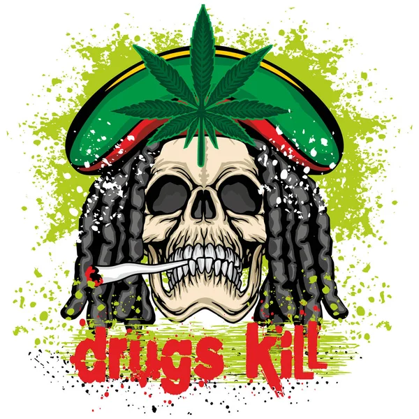 Rastafarisches Schild Mit Totenkopf Und Cannabisblatt Grunge Vintage Design Shirts — Stockvektor