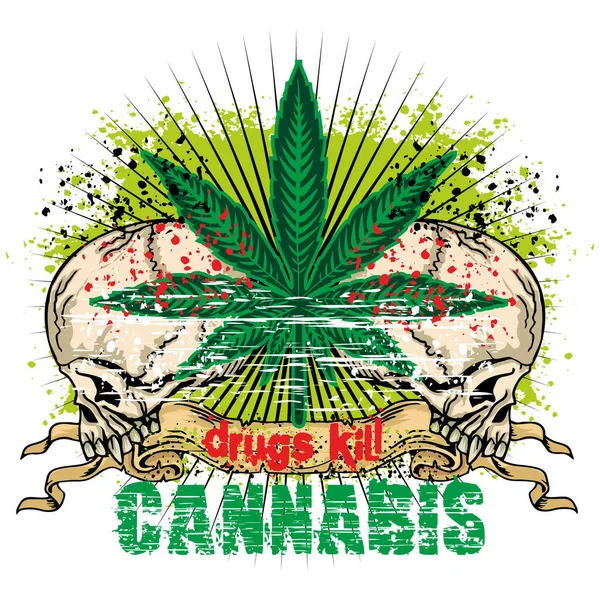 Rastafarian Sign Skull Cannabis Leaf Grunge Vintage Design Shirts — Stock Vector