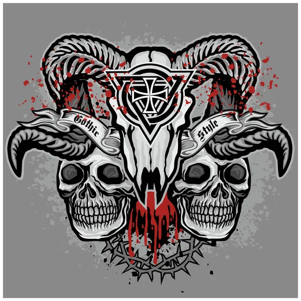 고트족의 별자리 양자리의 두개골 Grunge 빈티지 디자인 티셔츠 — 스톡 벡터