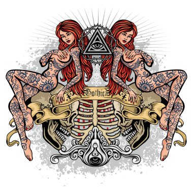 Gotik işaretiyle kafatası ve Seksi dövmeli kızlar, grunge vintage tasarım t shirt