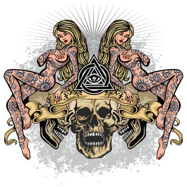 Gotik işaretiyle kafatası ve Seksi dövmeli kızlar, grunge vintage tasarım t shirt