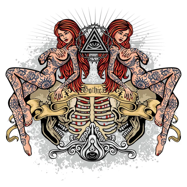 Готический Знак Черепом Сексуальные Татуированные Девушки Гранж Винтажный Дизайн Футболки — стоковый вектор