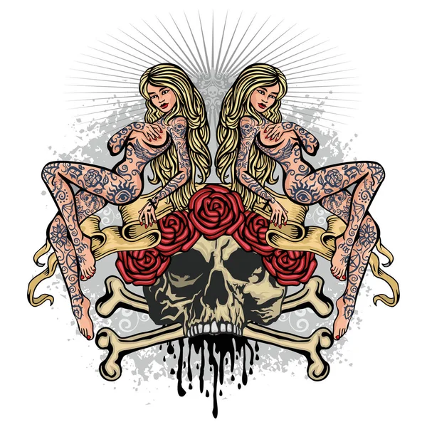 Gotyckie Znak Czaszki Sexy Tatuażem Dziewczyny Grunge Vintage Design Koszulki — Wektor stockowy