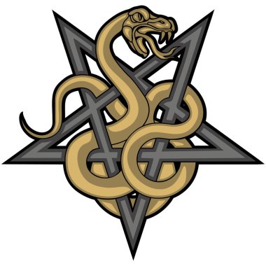 pentogram ve yılanlı okültik tabela, grunge vintage dizayn tişörtü