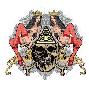 Gotik işaretiyle kafatası ve Seksi dövmeli kızlar, grunge vintage tasarım t shirt