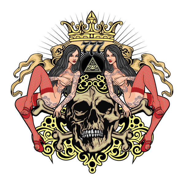 Gothic sign with skull and sexy tattooed girls, grunge vintage design t shirts
