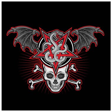 pentogram, yılan ve kafatası ile okültik tabela, grunge vintage tasarım tişörtler