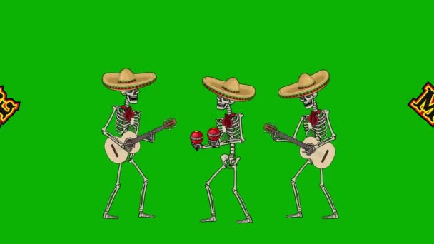Geanimeerd Mexicaans Skelet Sombrero Met Gitaar Met Chroma Toets — Stockvideo