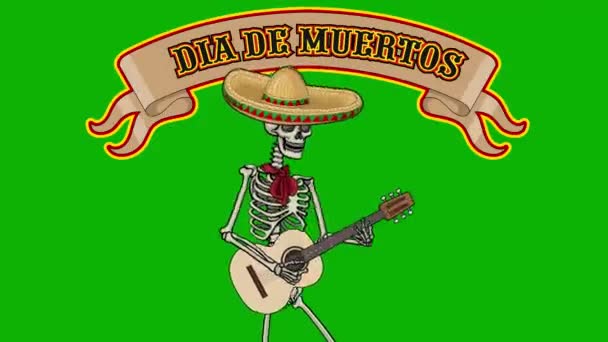 Animerat Mexikanskt Skelett Sombrero Med Gitarr Med Kromnyckel — Stockvideo