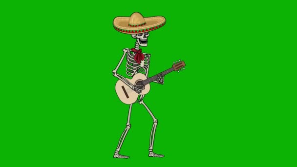Animated Mexican Skeleton Sombrero Guitar Chroma Key — Stock Video