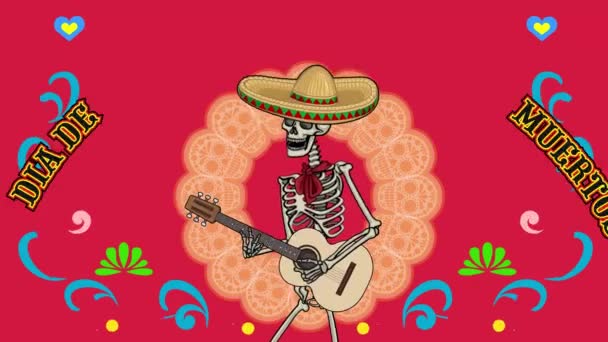 Animált Mexikói Csontváz Sombrero Gitárral Chroma Kulccsal — Stock videók