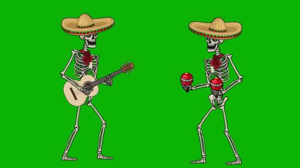 Animerat Mexikanskt Skelett Sombrero Med Gitarr Med Kromnyckel — Stockvideo