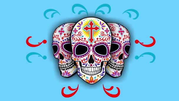 Dag Van Doden Heilige Dood Cartoon Geanimeerde Mexicaanse Suikerschedel — Stockvideo