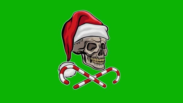Cartoon Animation Xmas Sign Skull Hat Santa Claus Chroma Key — Stock Video