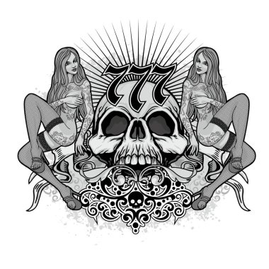 Gotik işaretiyle kafatası ve seksi kızlar, grunge vintage tasarım t shirt