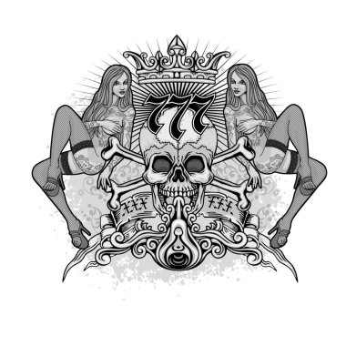 Gotik işaretiyle kafatası ve seksi kızlar, grunge vintage tasarım t shirt