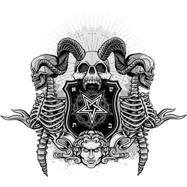 Boynuzlu kafatası ile gotik tabela, grunge vintage tasarım tişörtler