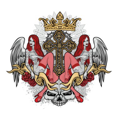 Kafatası kızları ile gotik tabela, grunge vintage tasarım tişörtler