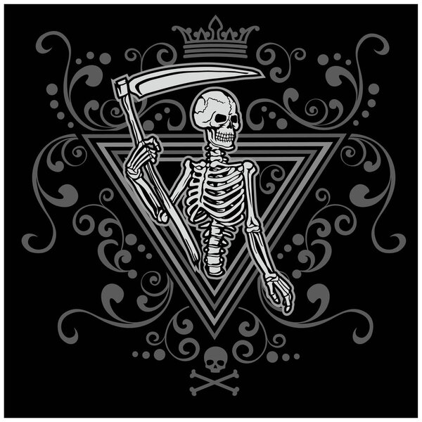 skeleton with scythe, vintage design t shirts 
