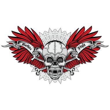 Kafatası ve Kanatları olan gotik tabela, grunge vintage tasarım tişörtler