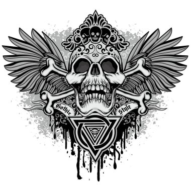 Kafatası ve Kanatları olan gotik tabela, grunge vintage tasarım tişörtler