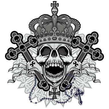 Kafatası ve tacı olan gotik tabela, grunge vintage tasarım tişörtü