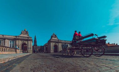 Taştan köprüde at arabası var. Arka planda Danimarka Parliment 'i olan taş yol.