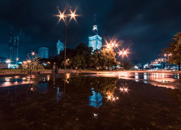 night cityscape with reflections in the puddle