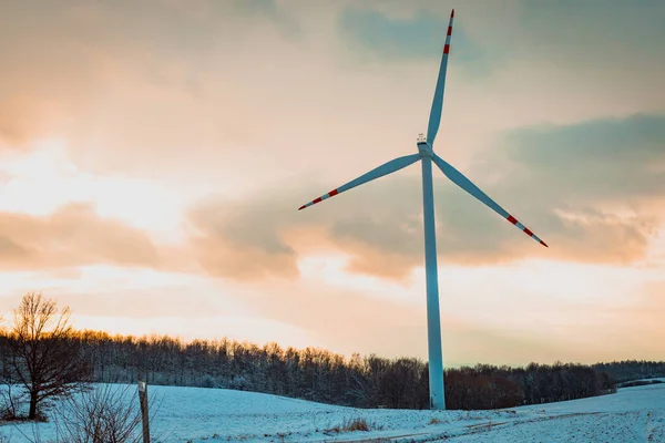 Gün batımında karlı bir tarlada yel değirmeni