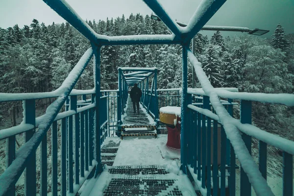 Kış dağlarındaki metal köprüde insan silueti