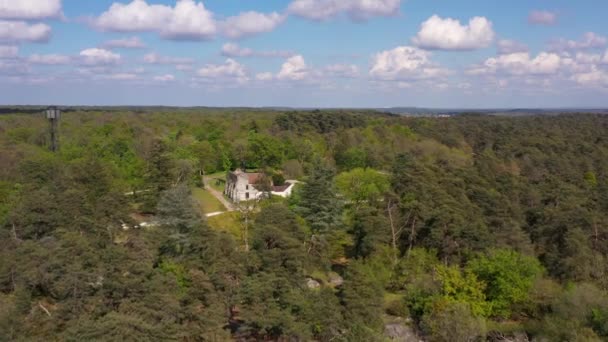 フォンテーヌブローの森の中にあるフランチャード峡谷と庵の森の家の空中風景 — ストック動画