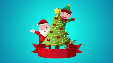 Noel Baba, Noel ağacı ve arkadaşlarıyla karikatür tarzı animasyon.