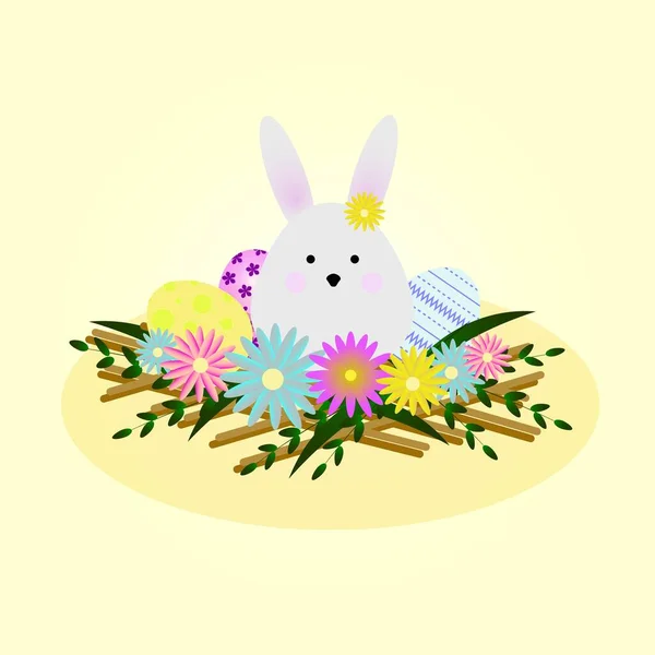 Easter Composition Bunny Painted Eggs Flowers — Stock Photo, Image
