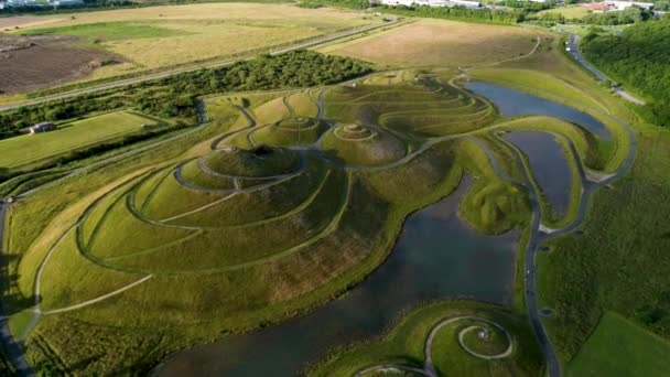 Aerial Bird Eye View Northumberlandia Huge Land Sculpture Shape Reclining — Stock video