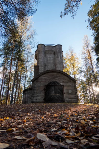 Old anti-aircraft tower in Rajamaki,Nurmijarvi, Finland. Autumn time.