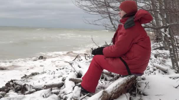 穿着温暖红色衣服的女孩正坐在北冰洋的海岸上 — 图库视频影像