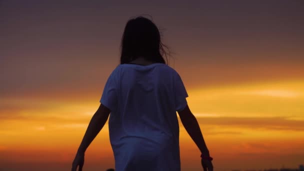 Silhouette Girl Her Arms Raised Sides Backdrop Beautiful Sunset Sky — Stock Video