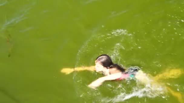 Little Girl Swims River Sunny Summer Day — Stock Video