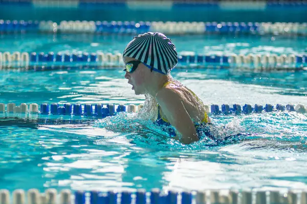 Swimmer Child Swims Breaststroke Swimming Style Pool Stok Gambar Bebas Royalti