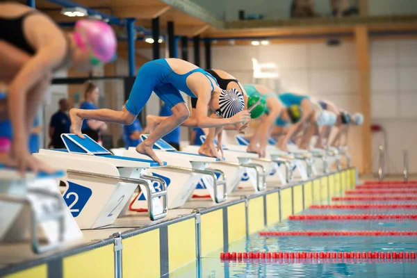 Schwimmerinnen Starten Vom Starttisch Becken Stockbild