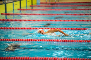Swimmer swims freestyle swimming style in the pool